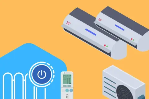 Unidades interiores y exteriores de aire acondicionado multisplit, control remoto y símbolo de encendido. Considera las desventajas aire acondicionado multisplit.