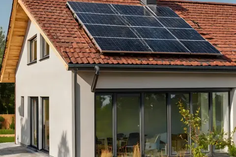 Casa moderna con paneles solares en el tejado. ¿Cuántas placas solares necesito para una casa de 200m2?