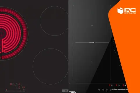 Placa vitrocerámica con espiral roja encendida vs. placa de inducción con zona flexible. La diferencia entre vitro e inducción es clara.