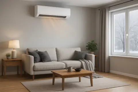 Aire acondicionado en salón moderno, ideal como mejor sistema climatización vivienda unifamiliar. Confort y diseño.