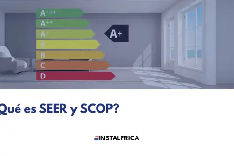 Gráfico de eficiencia energética para aire acondicionado, mostrando clasificaciones de A+++ a D. El texto pregunta "¿Qué es SEER y SCOP?".