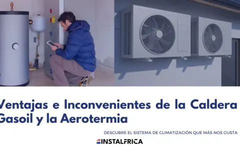 Hombre revisando tablet junto a caldera de gasoil, comparando con unidades exteriores de aerotermia. Considera cambiar caldera de gasoil.
