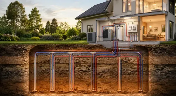 Sistema de calefacción geotérmica en una casa, con tuberías bajo tierra. Ideal para aprovechar subvenciones geotermia.
