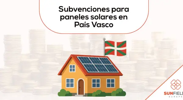 Casa con paneles solares y bandera vasca, simbolizando subvenciones para placas solares en Euskadi. Montañas de monedas al fondo.