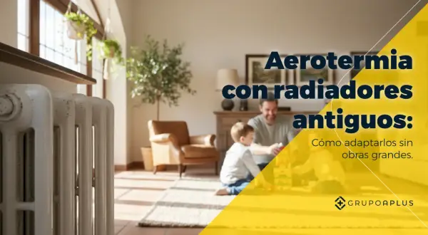 Radiador antiguo blanco en primer plano, con familia jugando al fondo. Aerotermia con calefacción por radiadores antiguos.