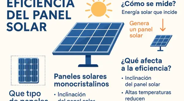 Ilustración sobre la eficiencia de un panel solar, mostrando cómo se mide y qué factores la afectan, como la inclinación y la temperatura.