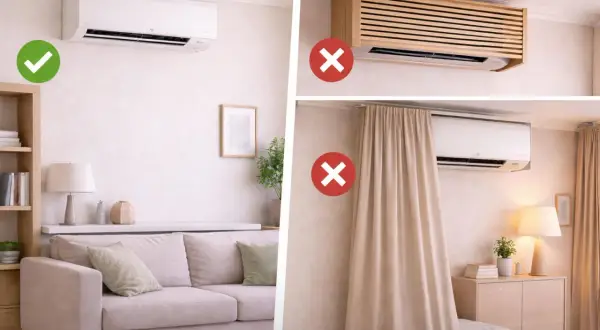 Un split de aire acondicionado bien instalado, sin ocultar con muebles o cortinas.