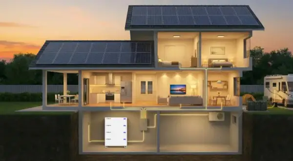 Casa con paneles solares y sistema de almacenamiento de energía. Explora las ventajas y desventajas de esta tecnología.