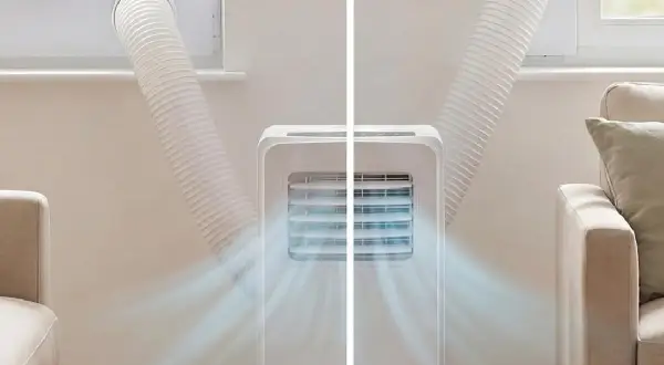 Aire acondicionado portátil expulsando aire fresco. Su diseño compacto y potente lo hace ideal para cualquier habitación.