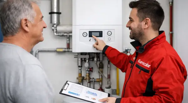 Técnico explica a cliente los beneficios del plan renove calderas, señalando la nueva caldera y un informe.