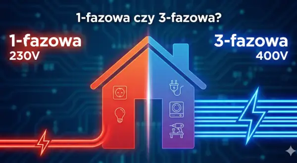 Ilustración de una casa dividida: izquierda 1-fase 230V (enchufe, bombilla), derecha 3-fases 400V (enchufe, lavadora, taladro). Guía para saber como se instala una bomba de calor.