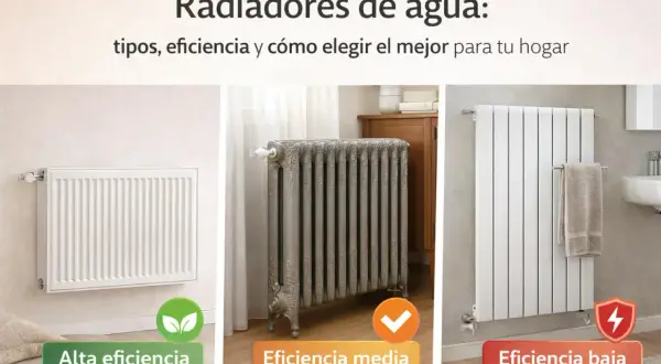 Tres radiadores de agua: uno blanco de alta eficiencia, uno gris de fundición de media eficiencia y uno blanco moderno de baja eficiencia.