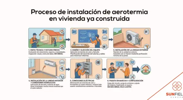 Proceso de instalación de aerotermia en vivienda ya construida: visita técnica, diseño, instalación exterior e interior, conexiones eléctricas y puesta en marcha.
