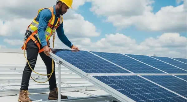 Técnico instala paneles solares, parte esencial de la memoria técnica de una instalación fotovoltaica.