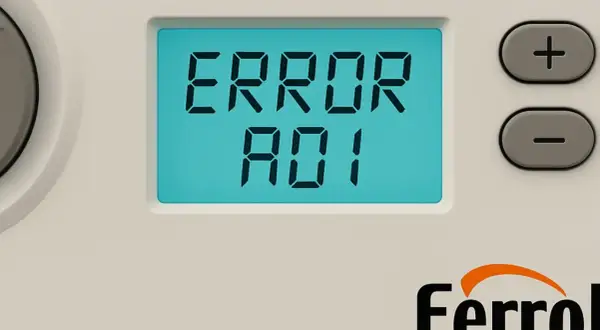 Pantalla de caldera Ferroli con error A01, indicando un problema de presión de agua.