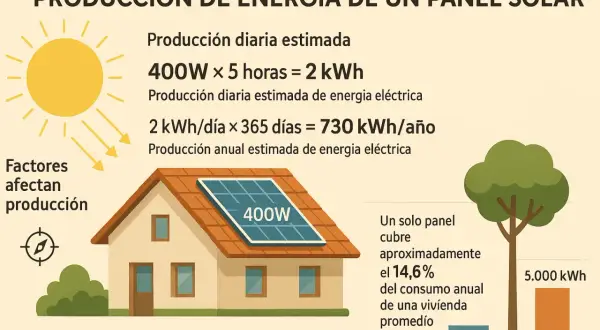 Un panel solar de 400W produce 2 kWh diarios, 730 kWh anuales. Factores como sombra afectan cuanto produce una placa solar.