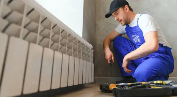 Técnico en azul revisa radiador. Preparado para cambiar caldera de gas.