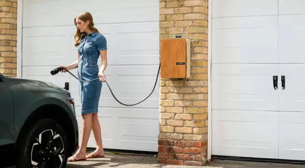Mujer conecta cargador a coche eléctrico junto a garaje. Solución ideal para instalar punto de recarga en garaje comunitario.