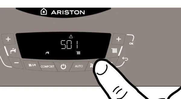 Panel de caldera Ariston con pantalla digital mostrando "501" y un triángulo de advertencia. Un dedo presiona el botón "R" para intentar cómo quitar la luz roja de la caldera.