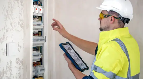 Técnico con casco y chaleco reflectante revisa un cuadro eléctrico mientras consulta una tablet. Entiende perfectamente **que es el cie** y su importancia.