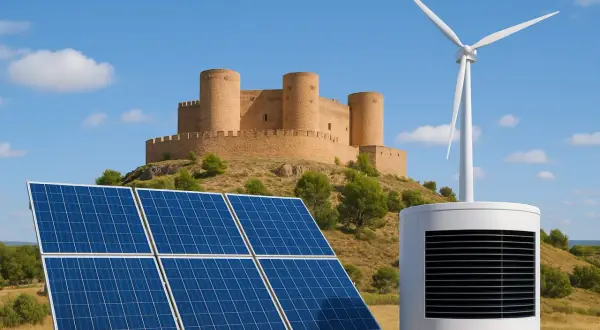 Paneles solares, aerogenerador y unidad de aerotermia ante castillo en Castilla-La Mancha. ¡Aprovecha la subvención aerotermia Castilla la Mancha!