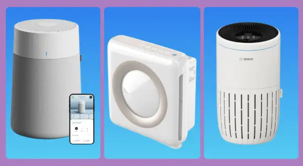 Tres purificadores de aire modernos, uno con app móvil, muestran cómo funciona un purificador de aire para un hogar saludable.