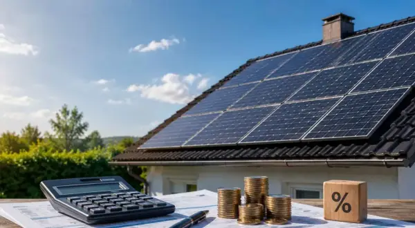 Calculadora, monedas y un dado con un signo de porcentaje junto a placas solares en un tejado. ¡Aprovecha el descuento IBI placas solares!