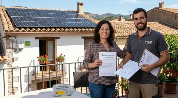 Mujer y hombre sonríen con documentos de legalización de placas solares. La instalación de autoconsumo está legalizada.