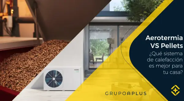Comparativa: diferencia entre aerotermia y bomba de calor vs. pellets. Imagen muestra unidad exterior de aerotermia y pellets.