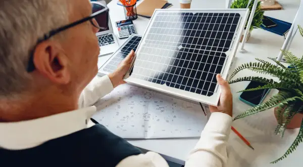 Ingeniero revisa plano para certificado instalación fotovoltaica autoconsumo.