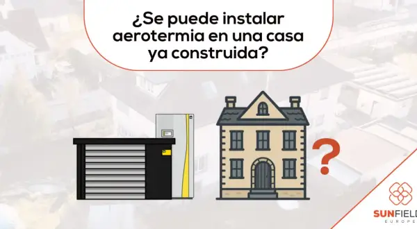 ¿Es posible la aerotermia sin obras en tu casa ya construida? Ilustración de una unidad exterior y una casa con un gran signo de interrogación.