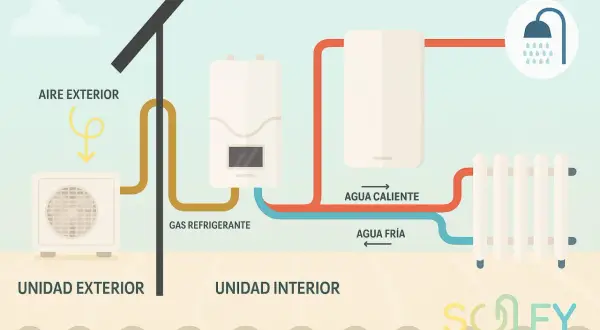 Diagrama de aerotermia con radiadores. La unidad exterior capta aire, el gas refrigerante fluye a la unidad interior, que calienta agua para radiadores y ducha.