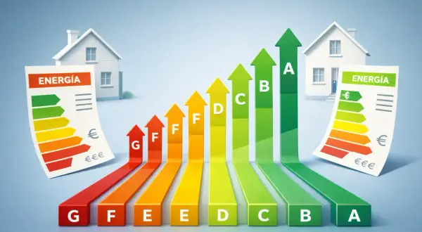 Gráfica de eficiencia energética con flechas ascendentes de G a A, representando el ahorro. El Gobierno Vasco promueve la eficiencia energética.