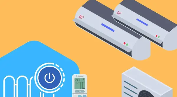Unidades interiores y exteriores de aire acondicionado multisplit, control remoto y símbolo de encendido. Considera las desventajas aire acondicionado multisplit.