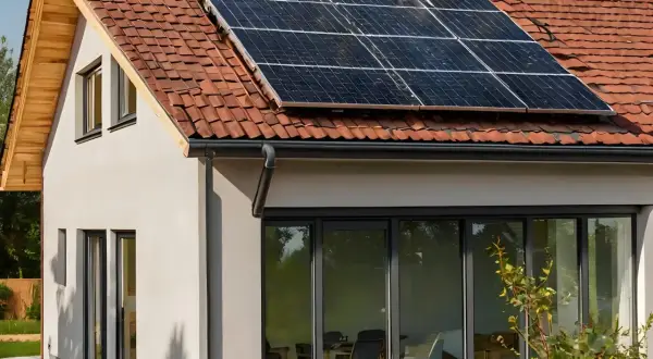 Casa moderna con paneles solares en el tejado. ¿Cuántas placas solares necesito para una casa de 200m2?