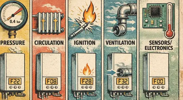 Ilustración de caldera con secciones: presión, circulación, ignición, ventilación y sensores/electrónica.