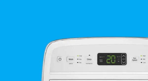 Panel de control de un aire acondicionado portátil, con pantalla digital mostrando 20°C y botones para modo, sueño y velocidad del ventilador. ¡Es como un pingüino de aire acondicionado!