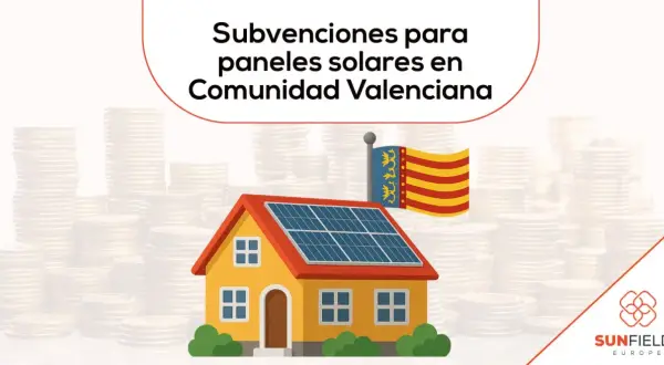Casa con paneles solares y bandera de la Comunidad Valenciana, rodeada de pilas de monedas. ¡Infórmate sobre las ayudas autoconsumo comunidad valenciana!