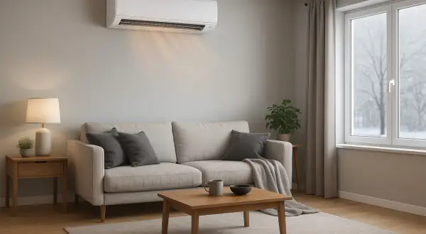 Aire acondicionado en salón moderno, ideal como mejor sistema climatización vivienda unifamiliar. Confort y diseño.