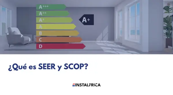 Gráfico de eficiencia energética para aire acondicionado, mostrando clasificaciones de A+++ a D. El texto pregunta "¿Qué es SEER y SCOP?".
