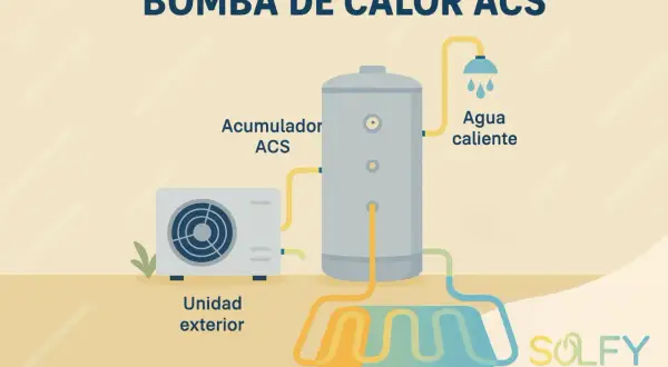 Diagrama de una bomba de calor ACS: unidad exterior, acumulador, agua caliente para ducha y suelo radiante. Bajo consumo energético.