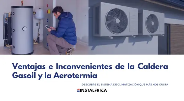 Hombre revisando tablet junto a caldera de gasoil, comparando con unidades exteriores de aerotermia. Considera cambiar caldera de gasoil.
