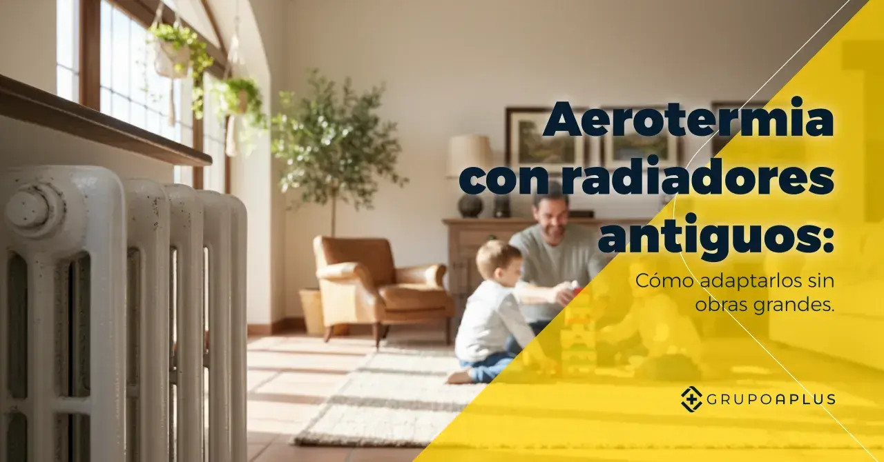 Radiador antiguo blanco en primer plano, con familia jugando al fondo. Aerotermia con calefacción por radiadores antiguos.