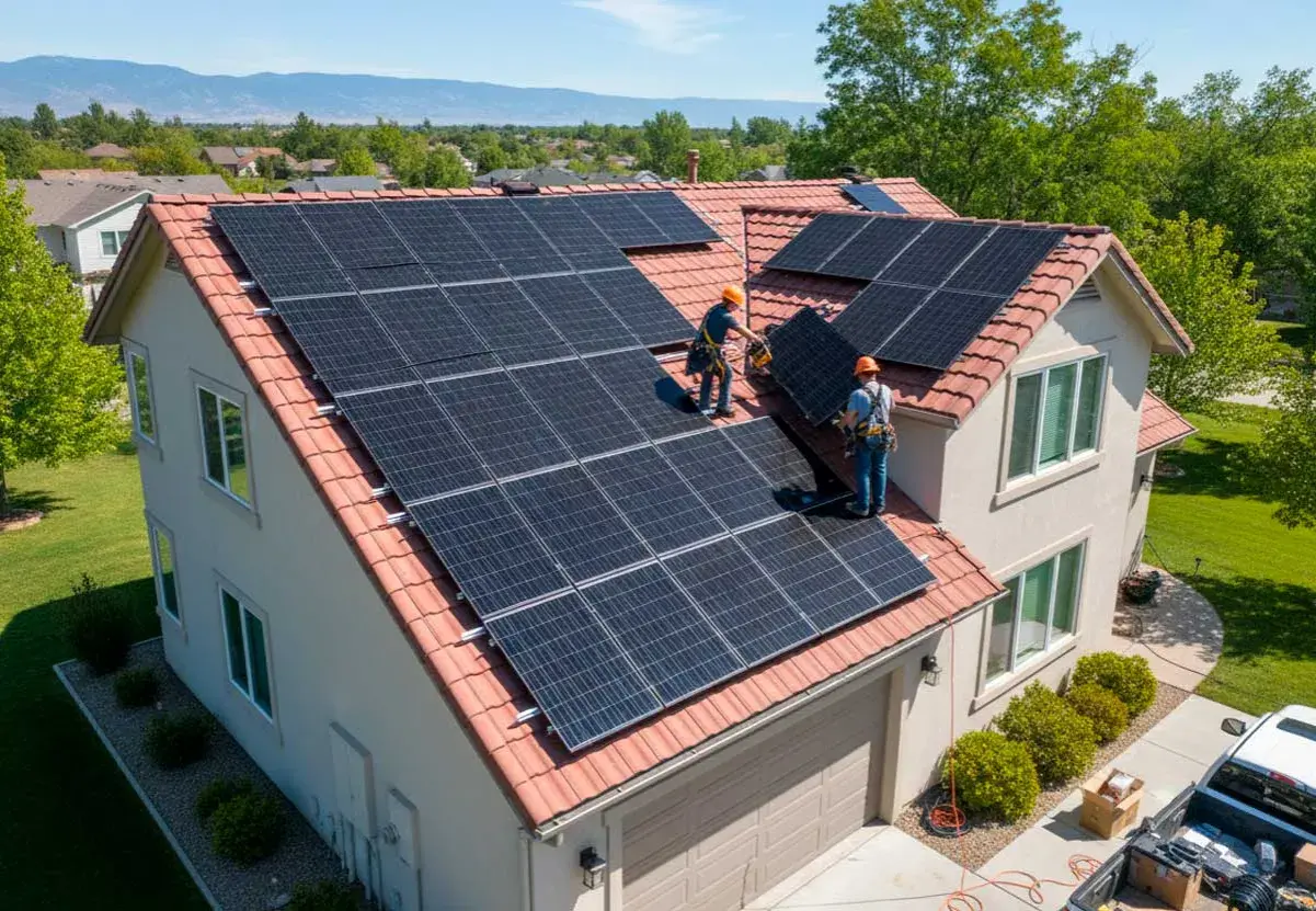 Dos técnicos instalan placas solares en el tejado de una casa. El sol brilla sobre el paisaje suburbano.