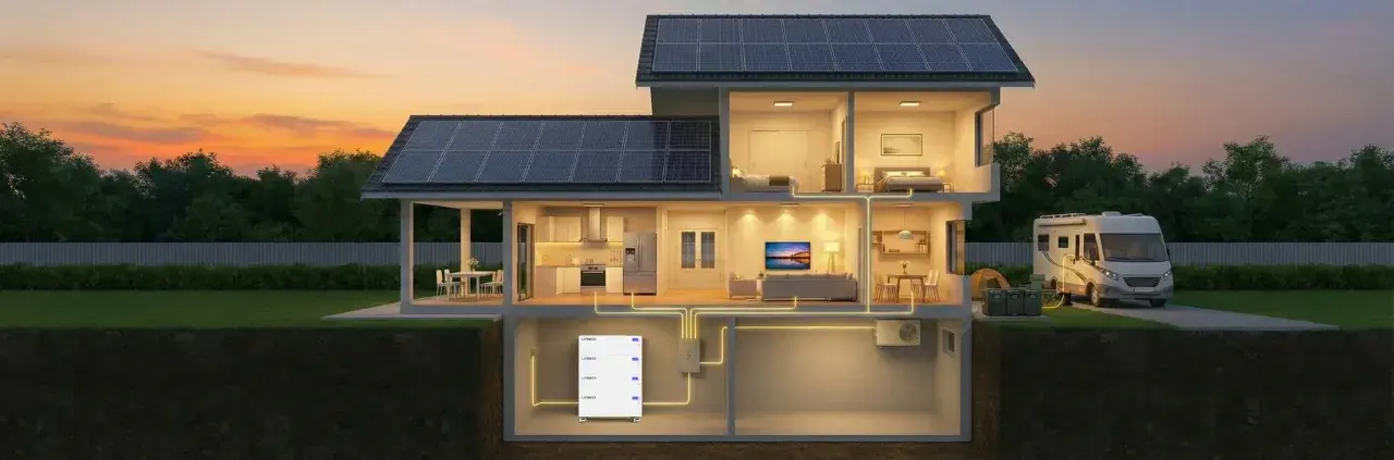Casa con paneles solares y sistema de almacenamiento de energía. Explora las ventajas y desventajas de esta tecnología.