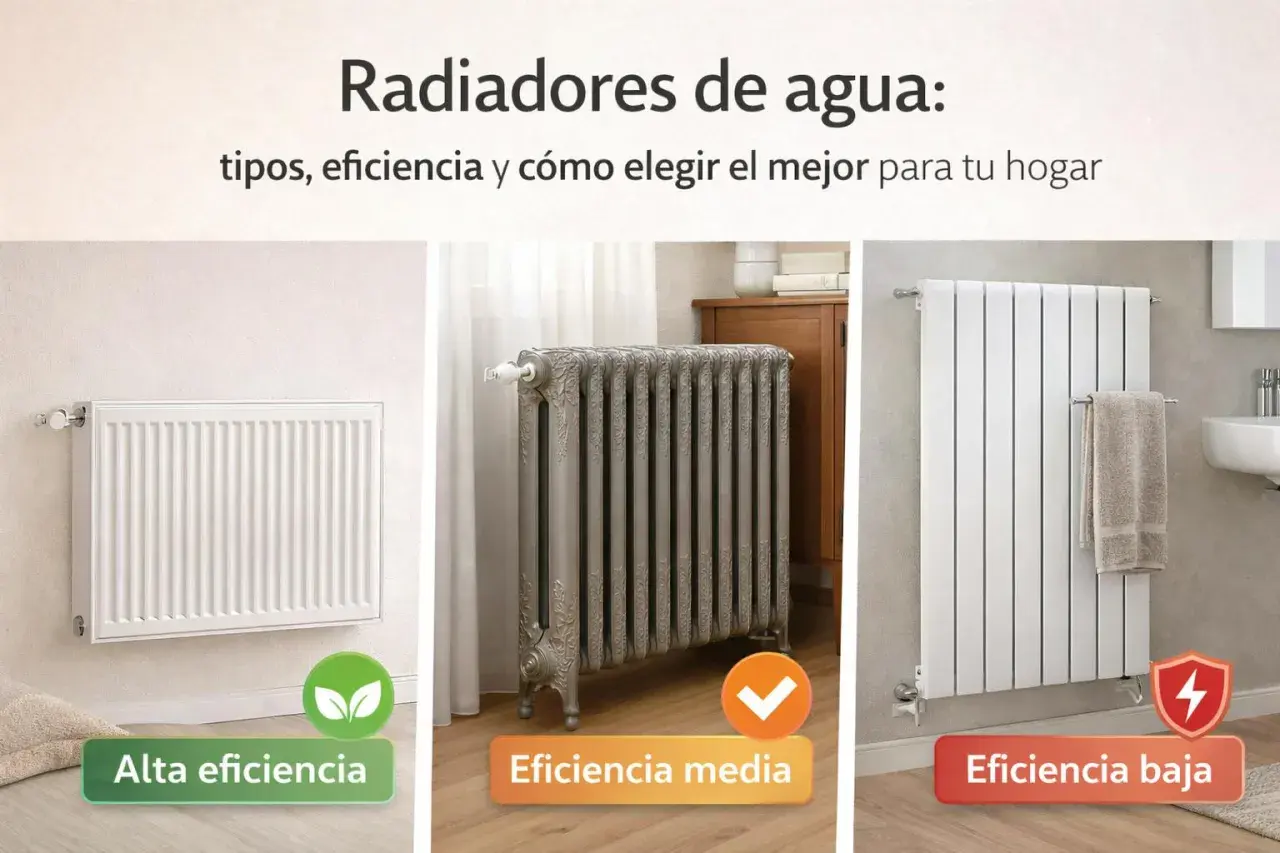 Tres radiadores de agua: uno blanco de alta eficiencia, uno gris de fundición de media eficiencia y uno blanco moderno de baja eficiencia.