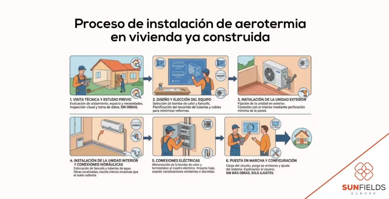 Proceso de instalación de aerotermia en vivienda ya construida: visita técnica, diseño, instalación exterior e interior, conexiones eléctricas y puesta en marcha.
