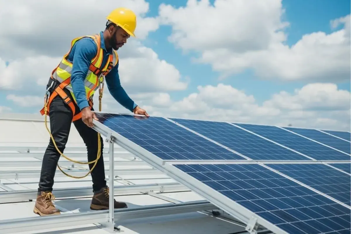 Técnico instala paneles solares, parte esencial de la memoria técnica de una instalación fotovoltaica.
