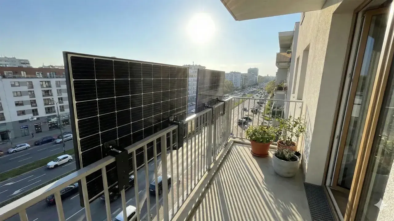 Paneles solares instalados en el balcón de un piso, demostrando que se pueden poner placas solares en un piso para generar energía limpia.