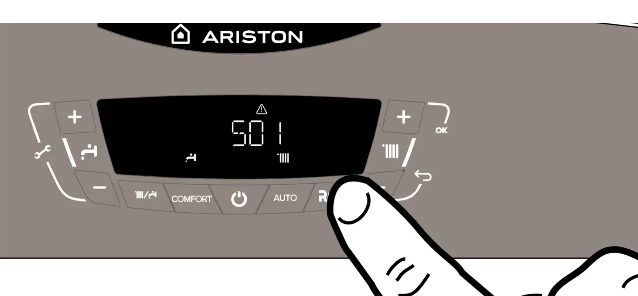 Panel de caldera Ariston con pantalla digital mostrando "501" y un triángulo de advertencia. Un dedo presiona el botón "R" para intentar cómo quitar la luz roja de la caldera.